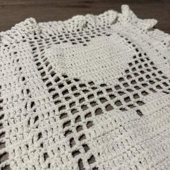 Vintage Handmade Crochet Heart Afghan Throw Blanket White/Shimmer LaceEdge 52x34 - Picture 5 of 12